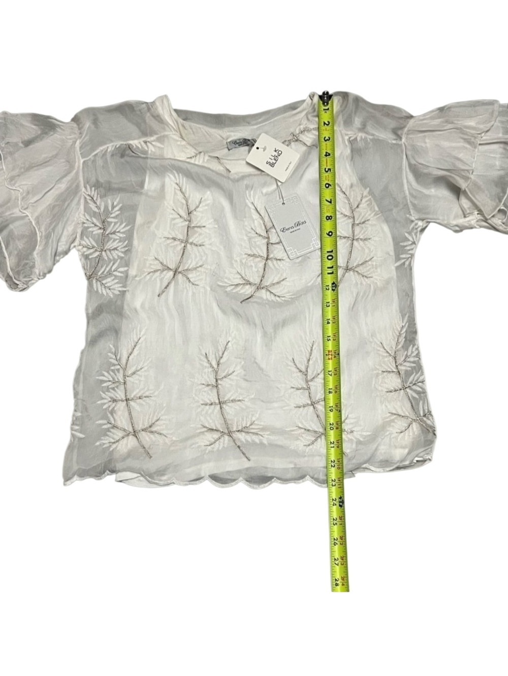 NWT Elena B Italy Silk Chiffon Silver Embroidered Floral Ruffle Relaxed Blouse S
